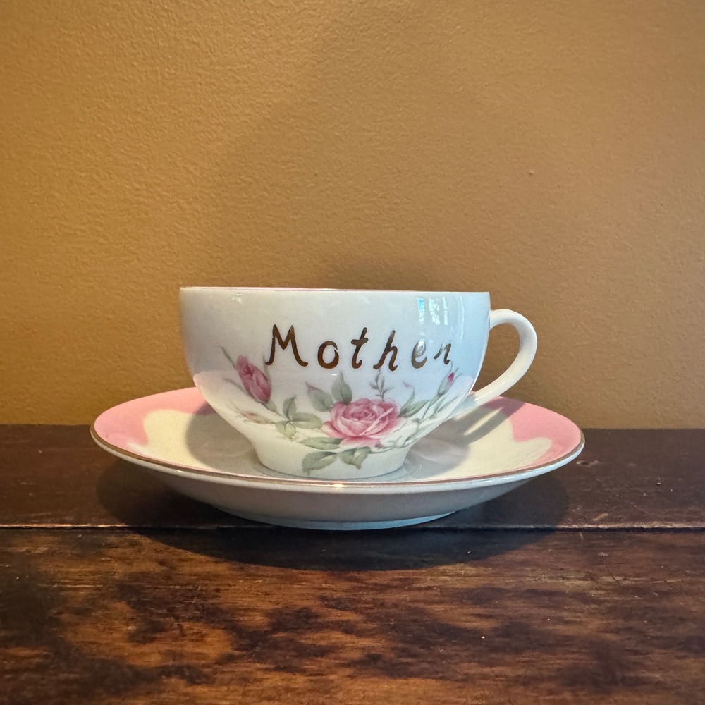 Lefton China Mother Coffee‎ Cup & Saucer Set Roses Floral Hand Painted Vintage